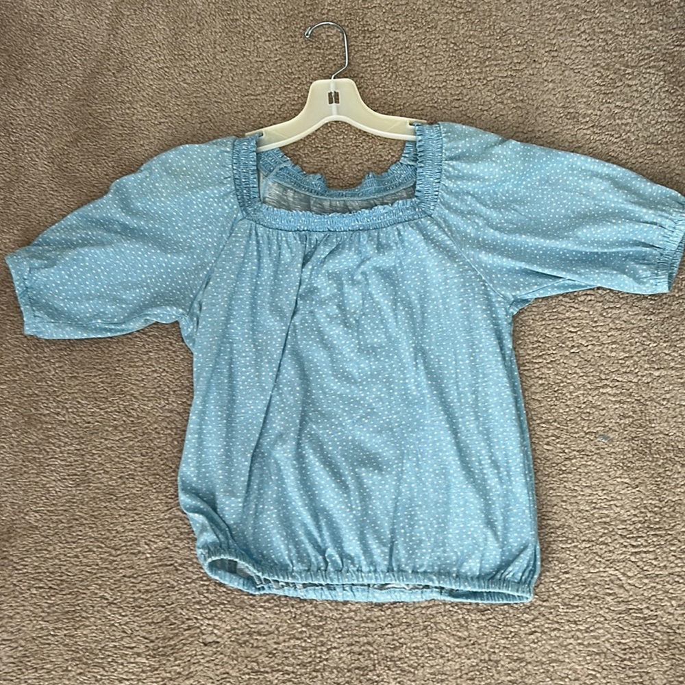 Light blue poka dot off shoulder blouse